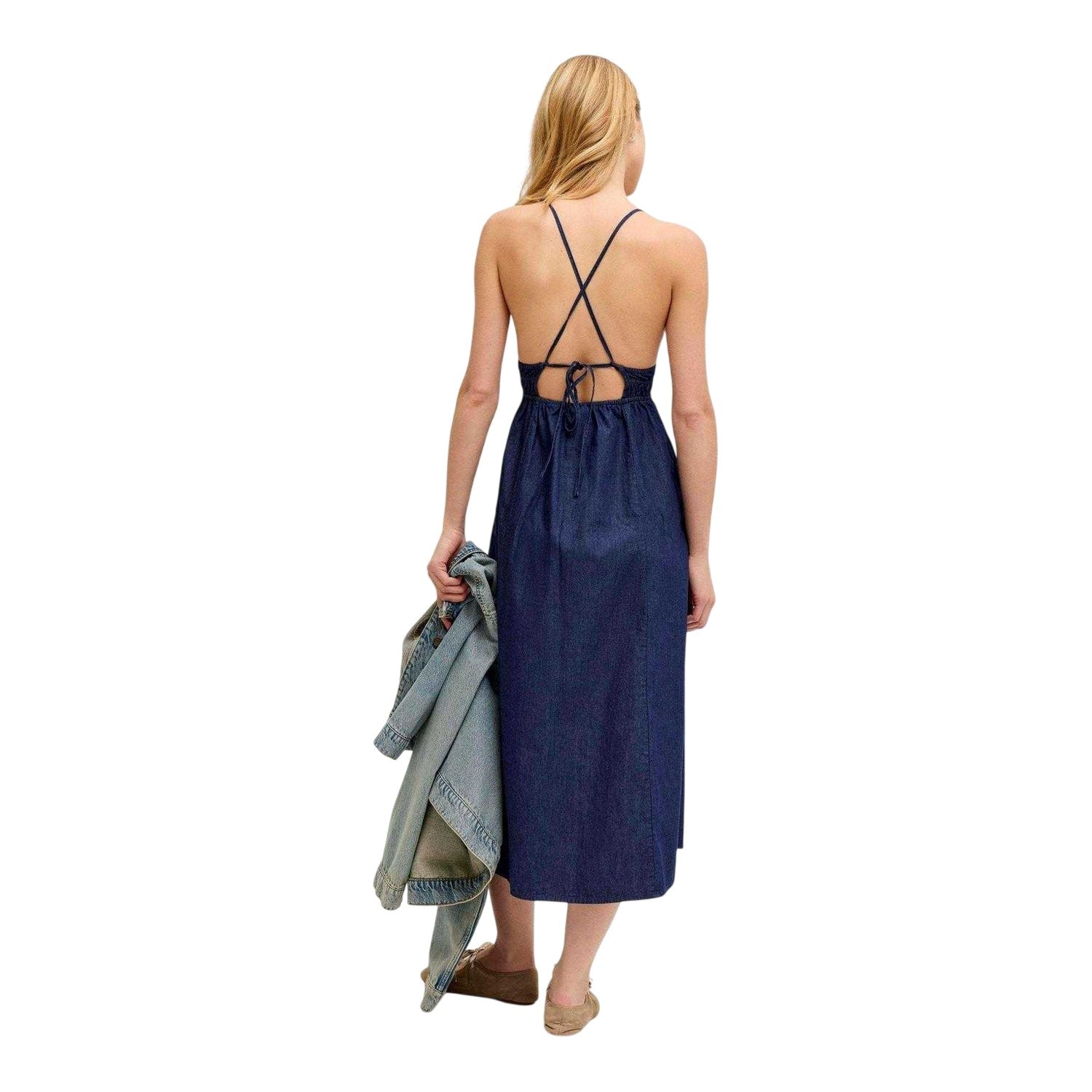 Dark Blue - Side - JJXX Womens-Ladies Chambray Fitted Maxi Dress