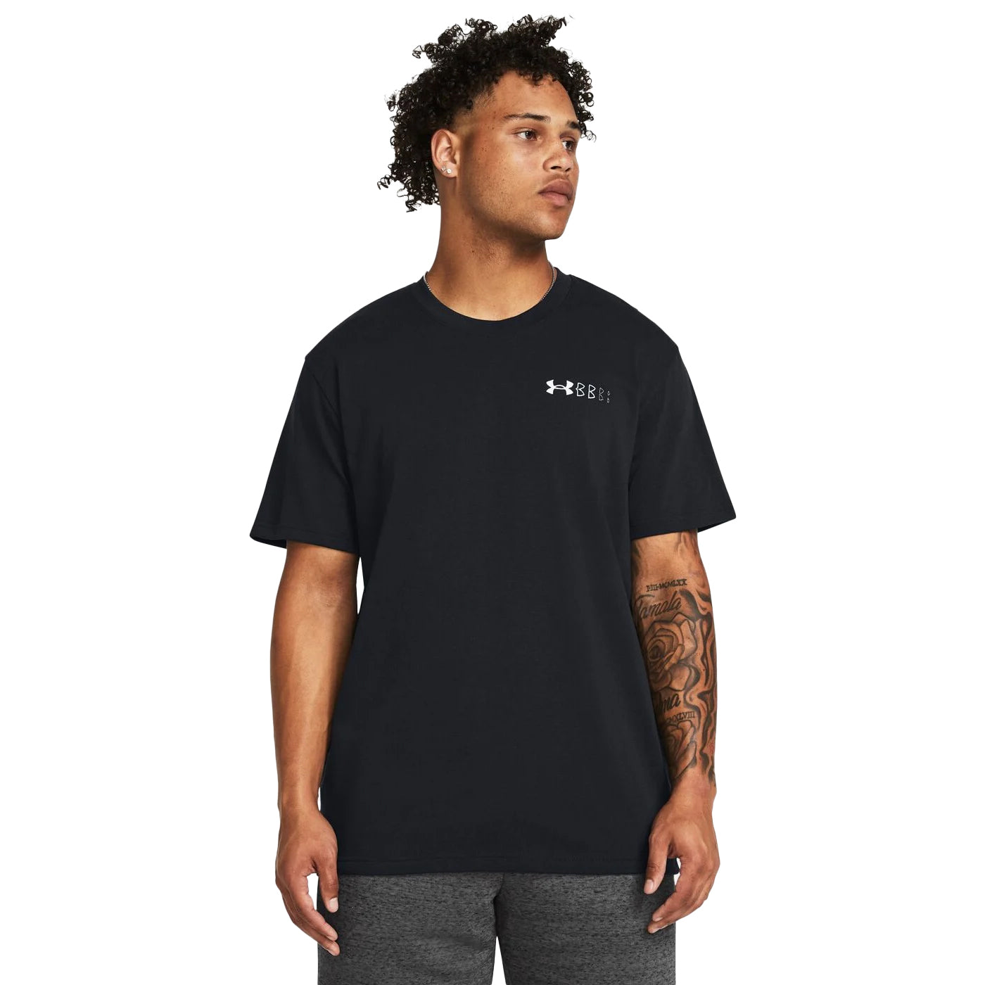 Black - Side - Under Armour Mens Repeat Logo Heavyweight T-Shirt