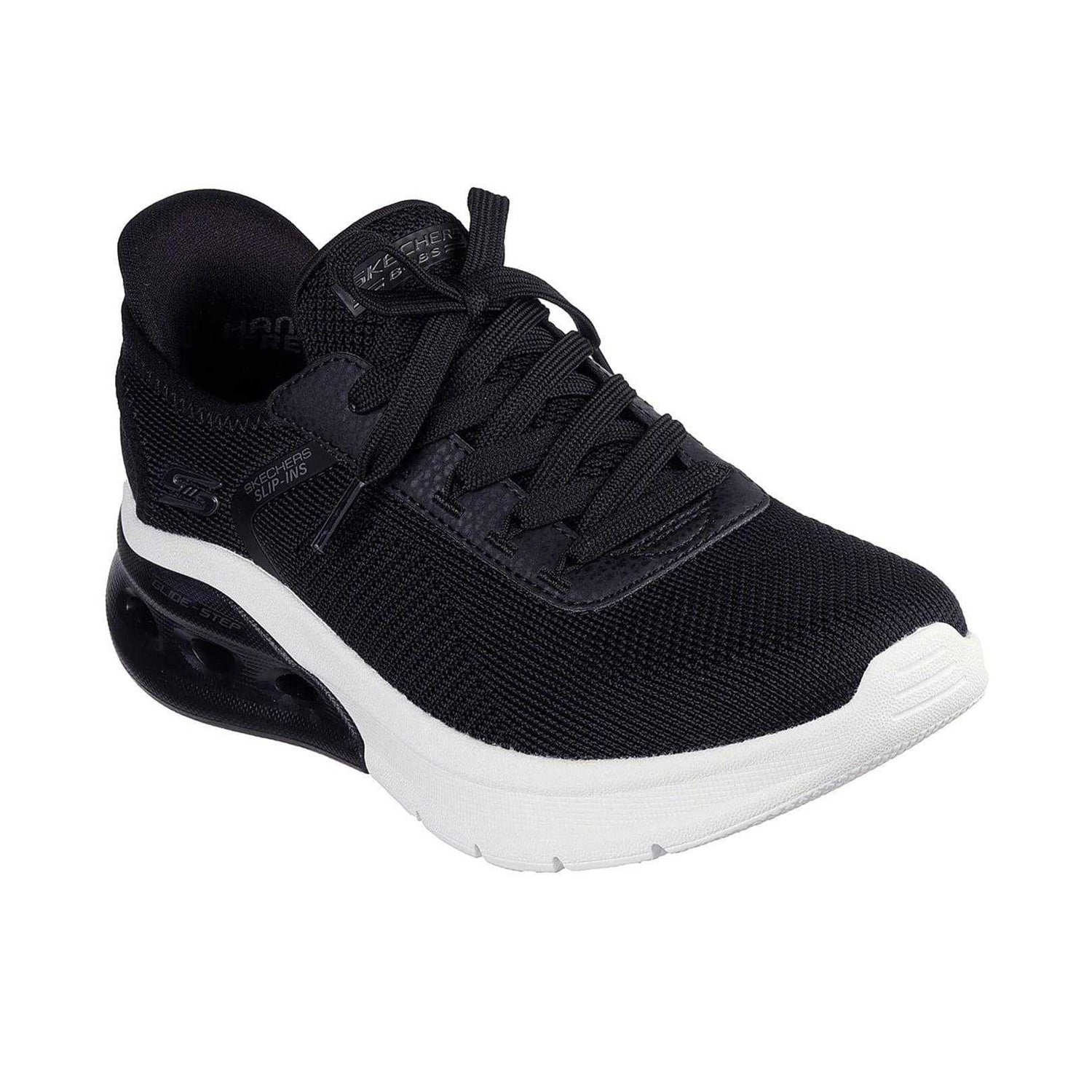 Black-White - Pack Shot - Skechers Womens-Ladies Bobs Arc Waves 2.0 Slip-In Trainers