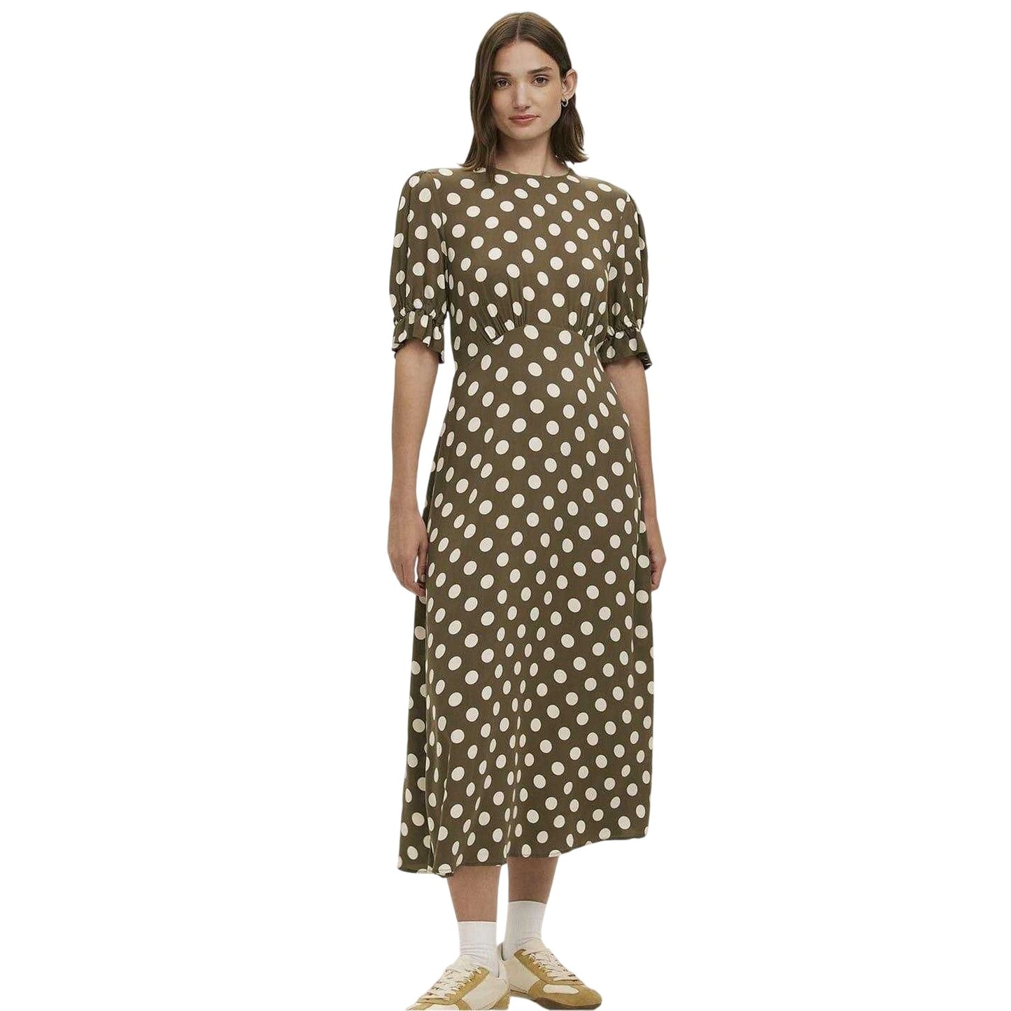 Dark Khaki - Front - Finery Womens-Ladies Mela Polka Dot Crew Neck Midi Dress