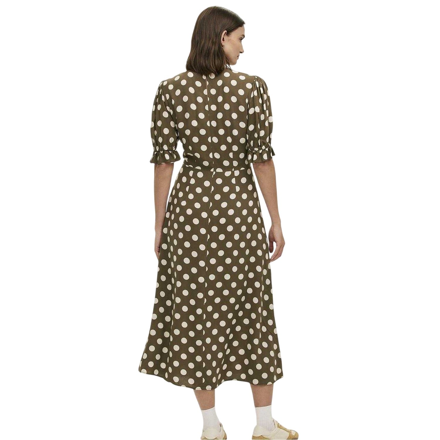 Dark Khaki - Back - Finery Womens-Ladies Mela Polka Dot Crew Neck Midi Dress