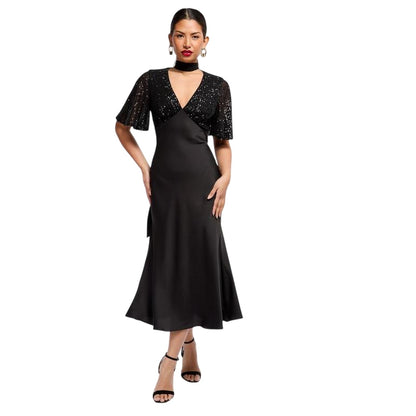 Black - Side - Little Mistress Womens-Ladies V Neck Maxi Dress