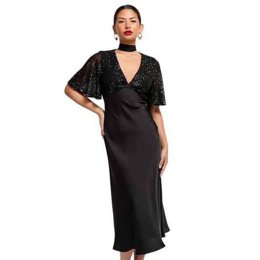 Black - Front - Little Mistress Womens-Ladies V Neck Maxi Dress
