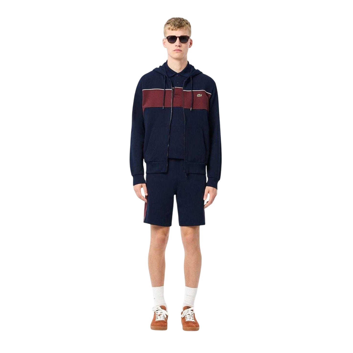 Navy-Red - Pack Shot - Lacoste Mens Colour Block Full Zip Hoodie