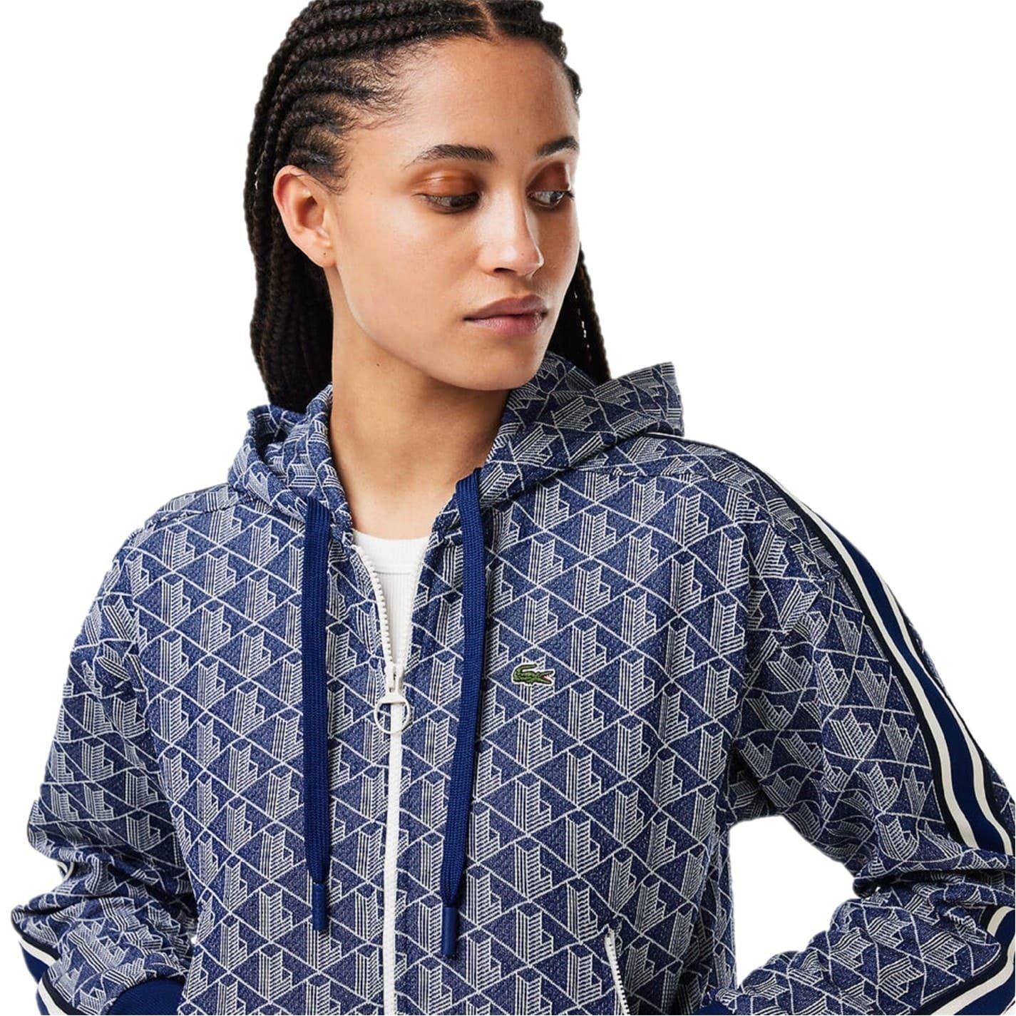 Methyl Blue - Side - Lacoste Womens-Ladies All-Over Print Ribbed Regular Full Zip Hoodie