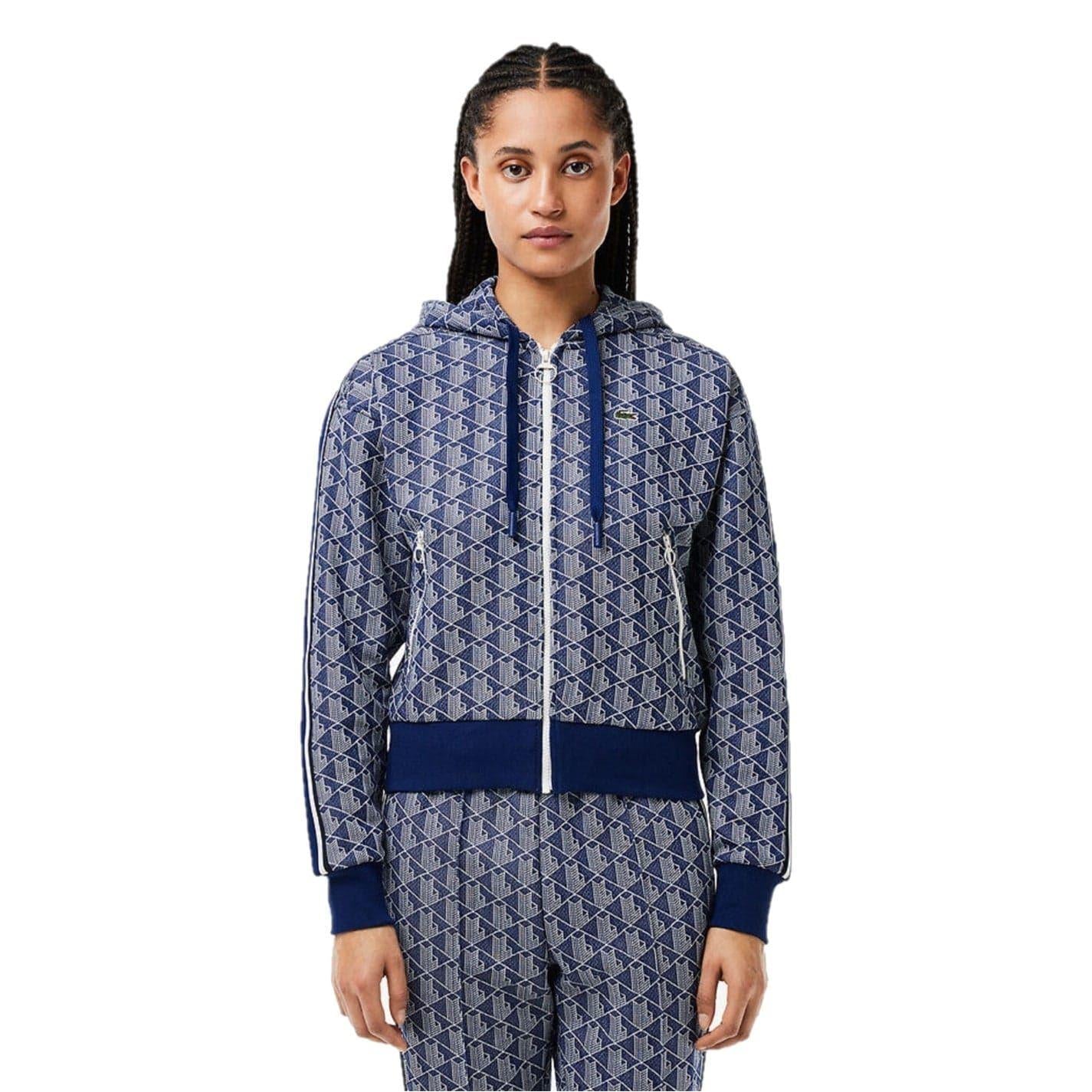 Methyl Blue - Front - Lacoste Womens-Ladies All-Over Print Ribbed Regular Full Zip Hoodie