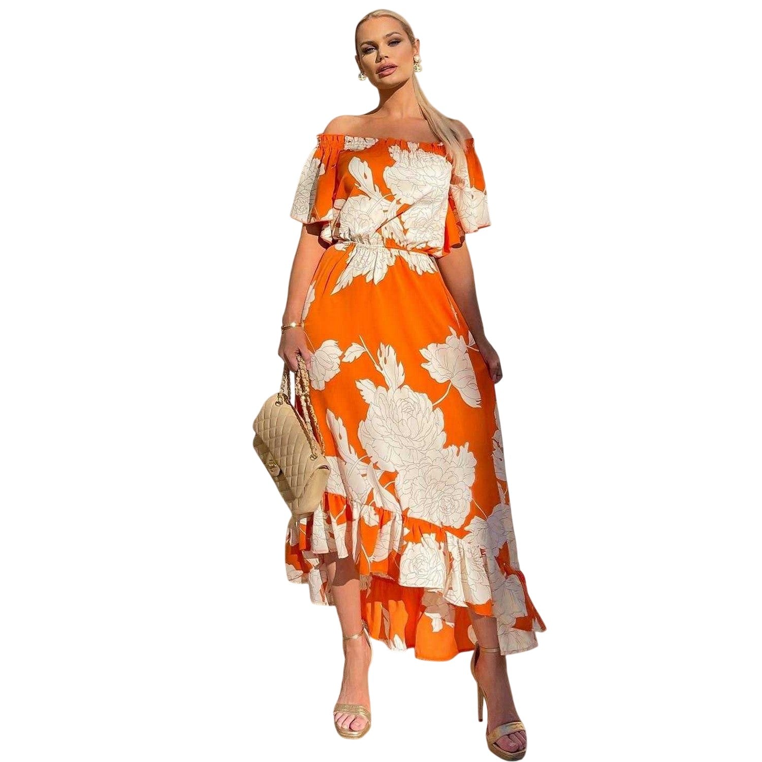 Blood Orange - Front - AX Paris Womens-Ladies Polyester Bardot Midi Dress