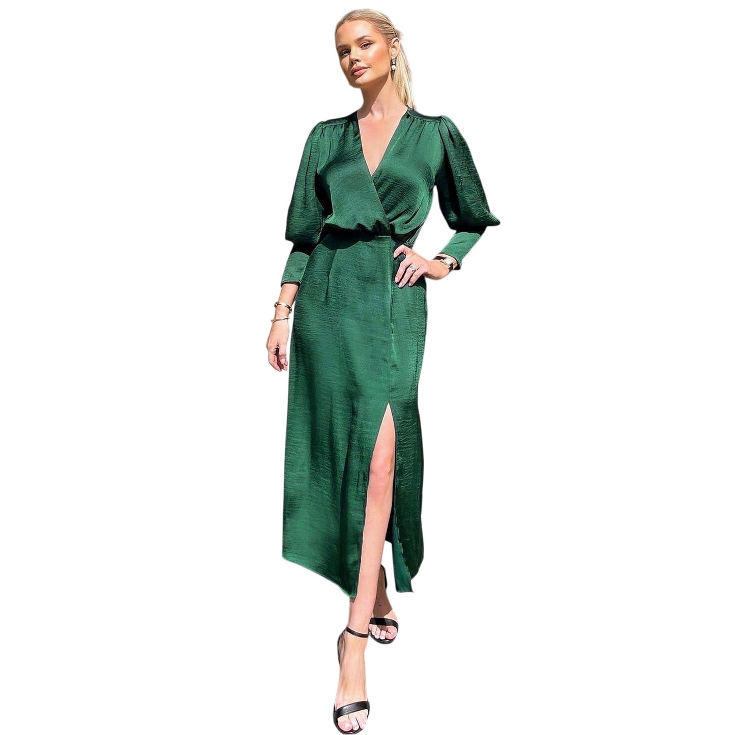 Teal - Side - AX Paris Womens-Ladies Satin Long-Sleeved Wrap Dress