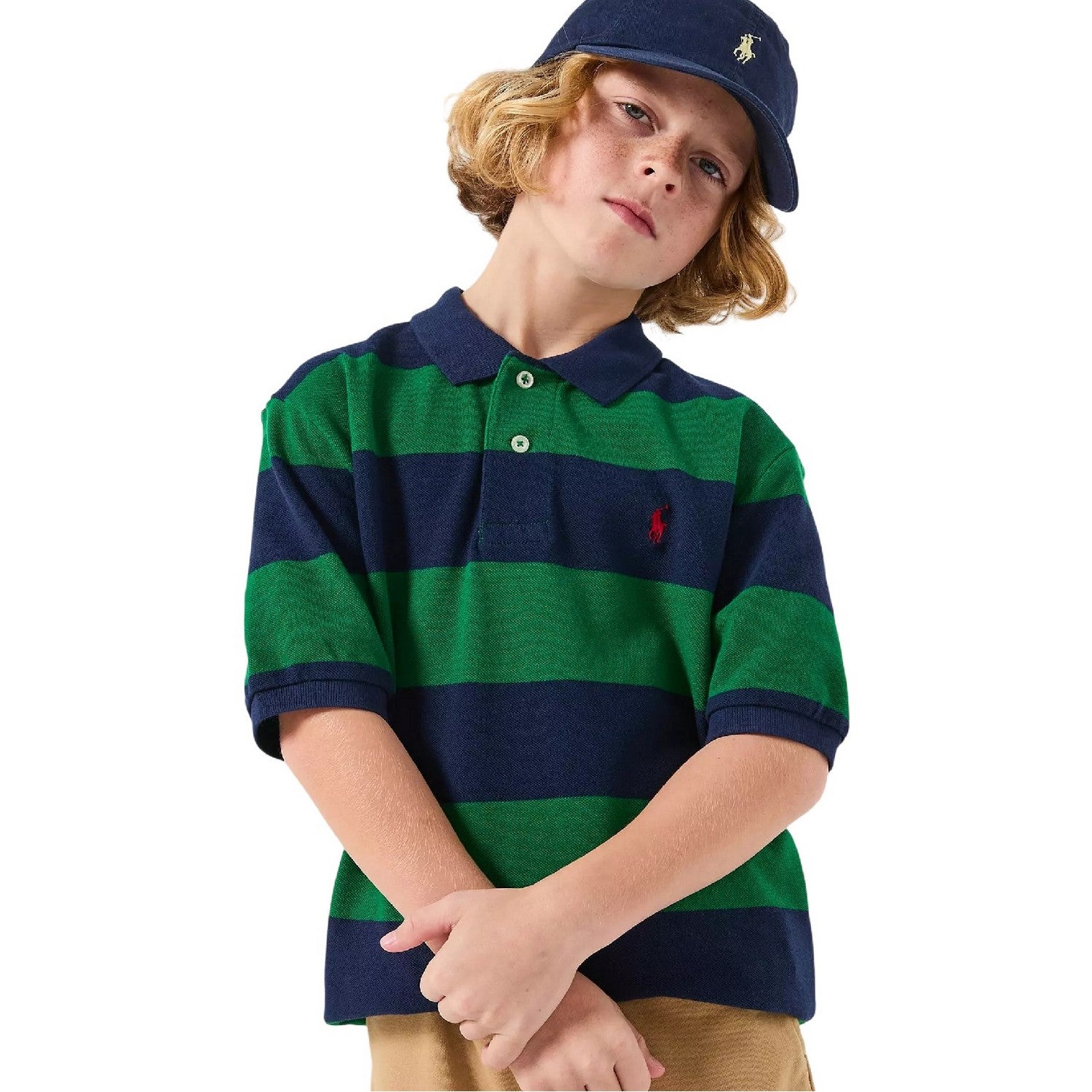 Green-Navy - Side - Ralph Lauren Childrens-Kids Striped Short-Sleeved Polo Shirt