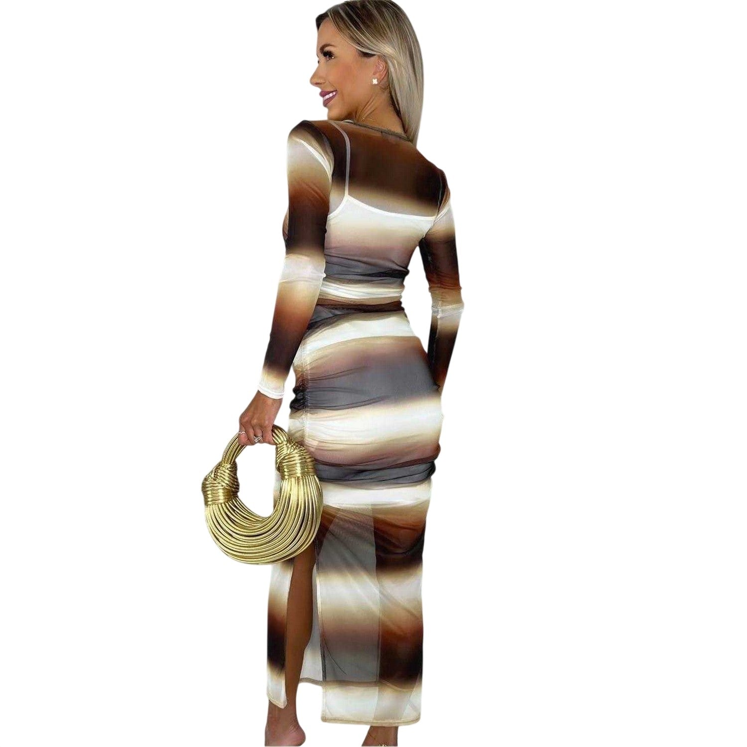 Brown - Back - AX Paris Womens-Ladies Ombre Sheer Bodycon Midi Dress