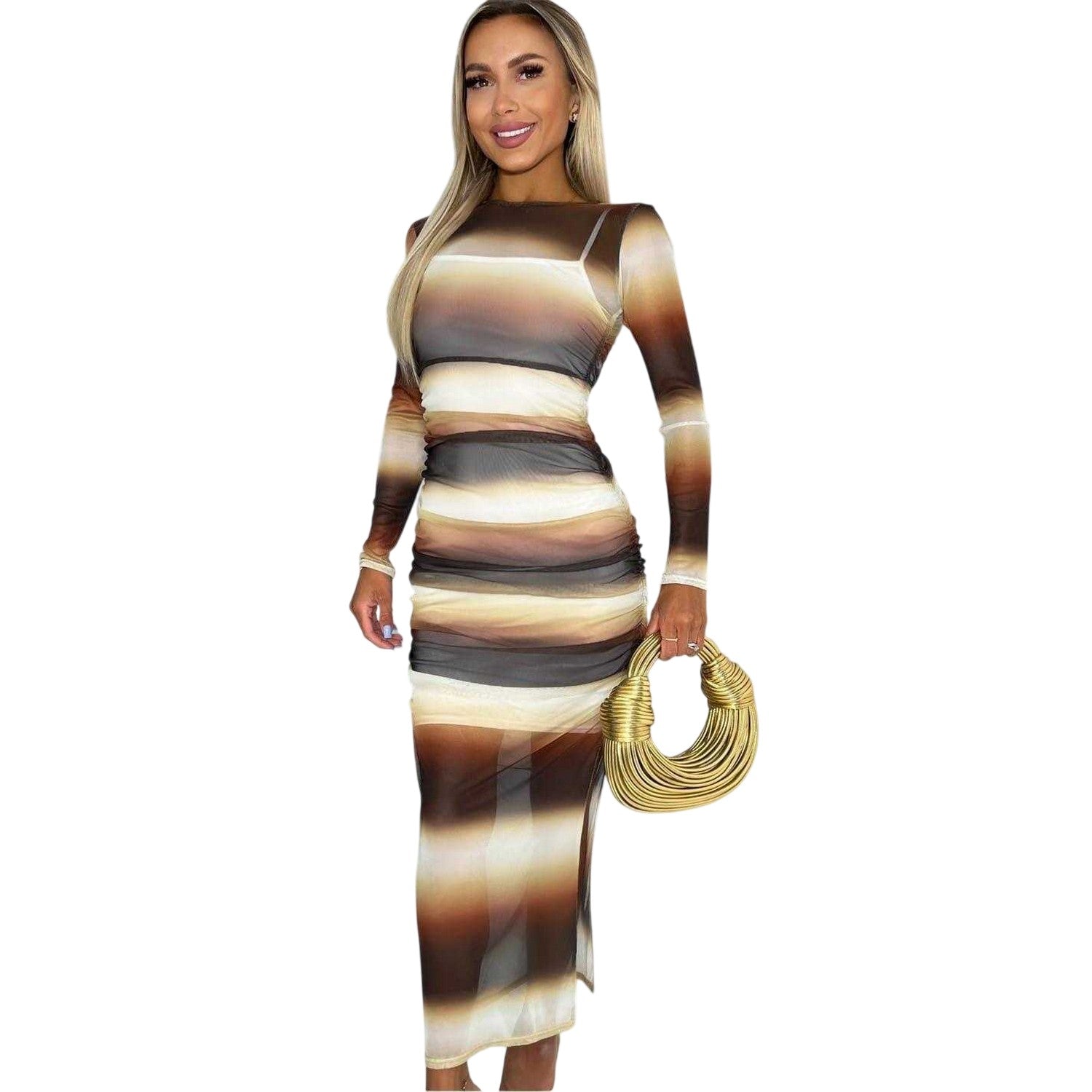 Brown - Side - AX Paris Womens-Ladies Ombre Sheer Bodycon Midi Dress