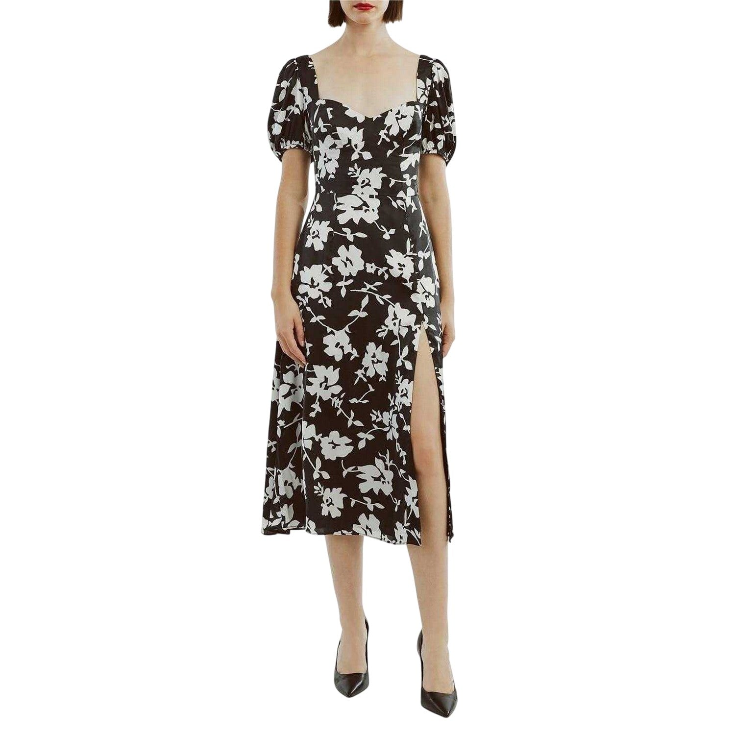 Black-White - Side - Bardot Womens-Ladies Gillian Floral Puff Sleeve Midi Dress