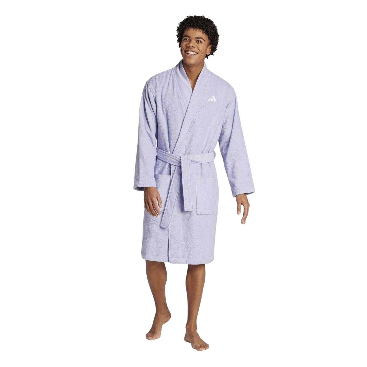 Lilac - Side - Adidas Mens Embroidered Logo Shawl Collar Long-Sleeved Robe