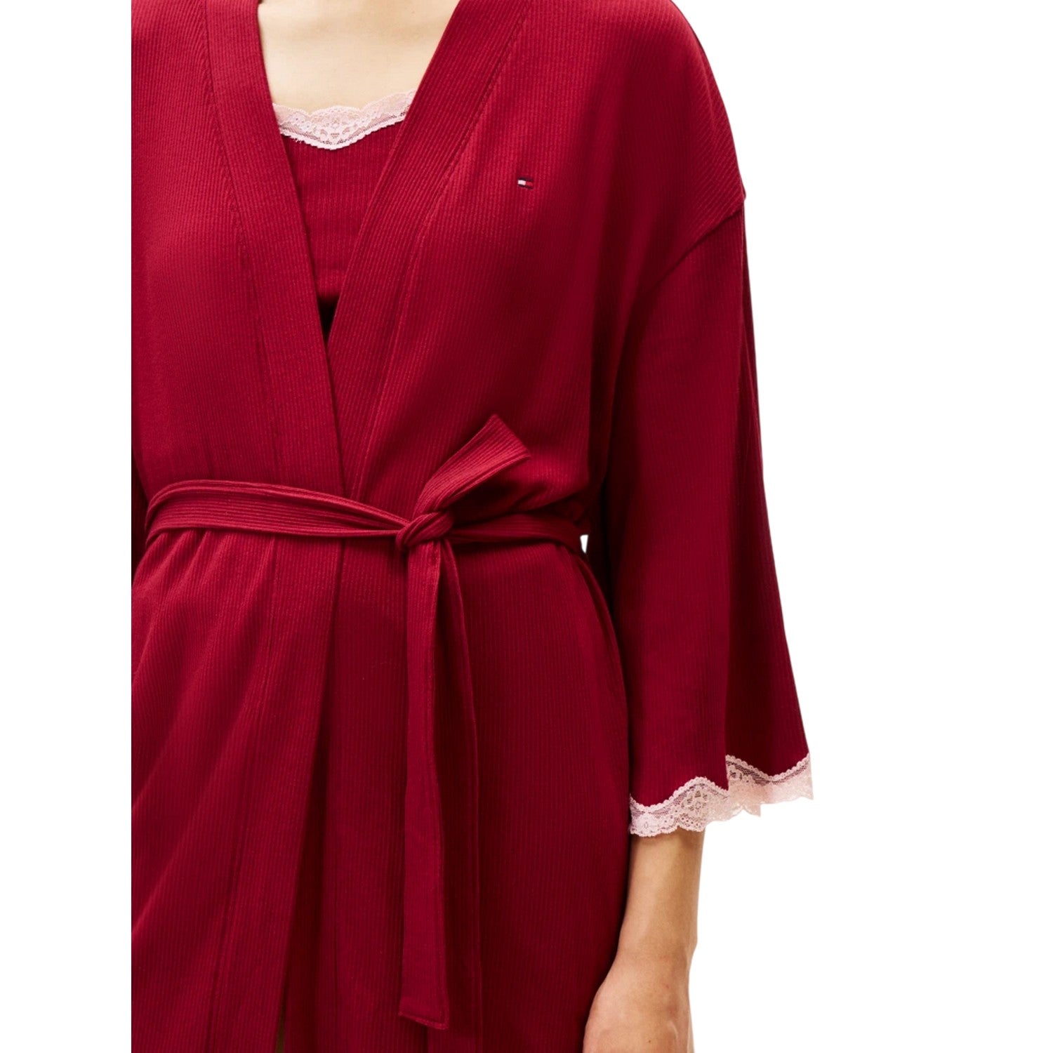 Rouge - Back - Tommy Hilfiger Womens-Ladies Ribbed Lace Trim 3-4 Sleeve Kimono