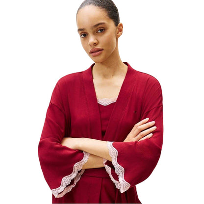Rouge - Side - Tommy Hilfiger Womens-Ladies Ribbed Lace Trim 3-4 Sleeve Kimono