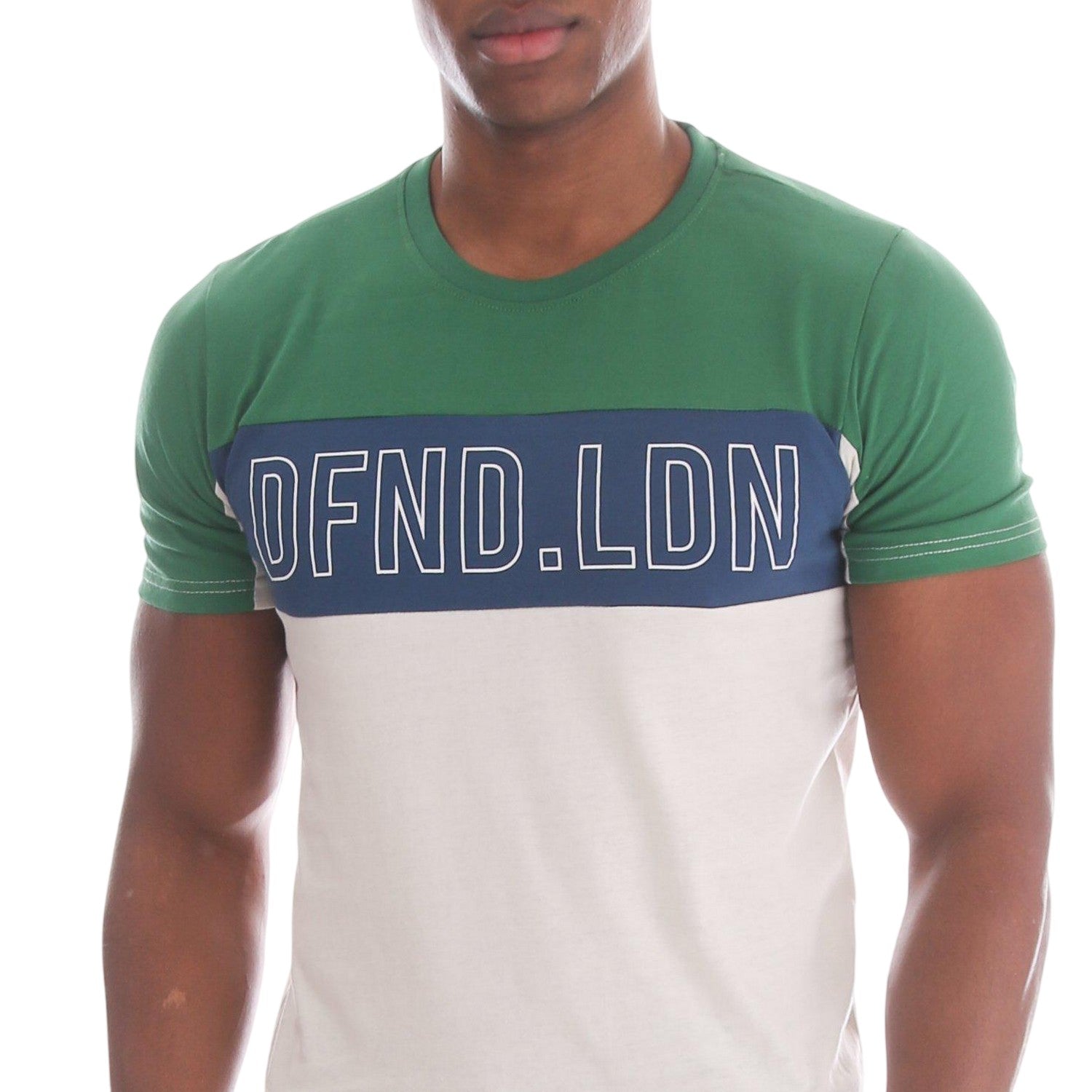 Stone-Green Print - Side - DFND London Mens Colour Block Logo T-Shirt