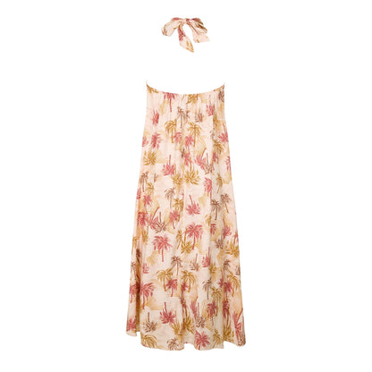 Pink-Yellow - Back - Biba Womens-Ladies Palm Print Halter Neck Maxi Dress