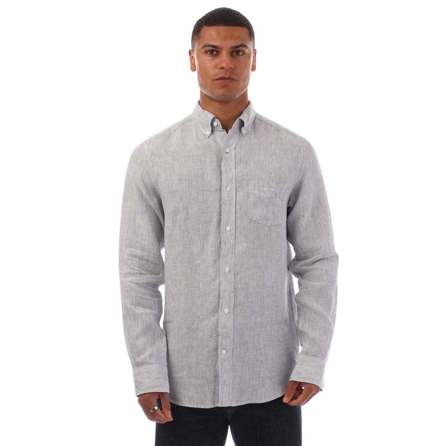 White - Front - Gant Mens Pinstripe Linen Regular Shirt