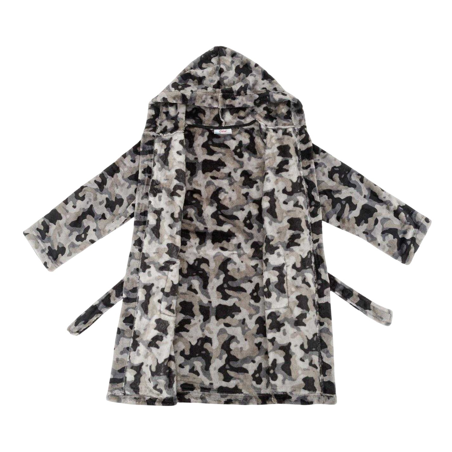 Grey-Black - Side - Star Boys Camo Fleece Hooded Robe