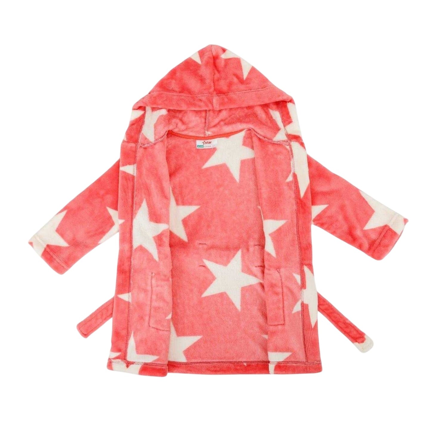 Pink-White - Side - Star Baby Girls Stars Fleece Hooded Robe