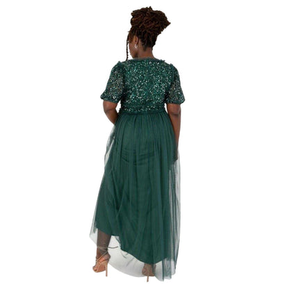 Emerald - Back - Maya Deluxe Womens-Ladies Sequin V Neck Puff Sleeve Gown