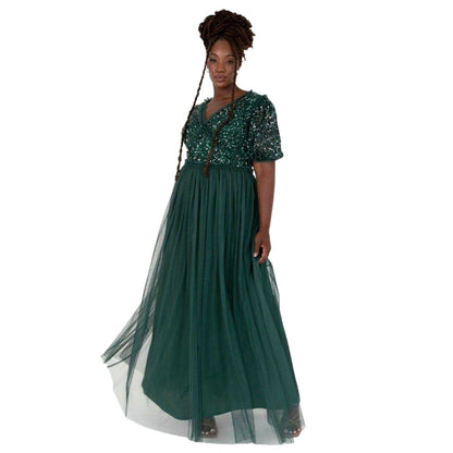 Emerald - Front - Maya Deluxe Womens-Ladies Sequin V Neck Puff Sleeve Gown