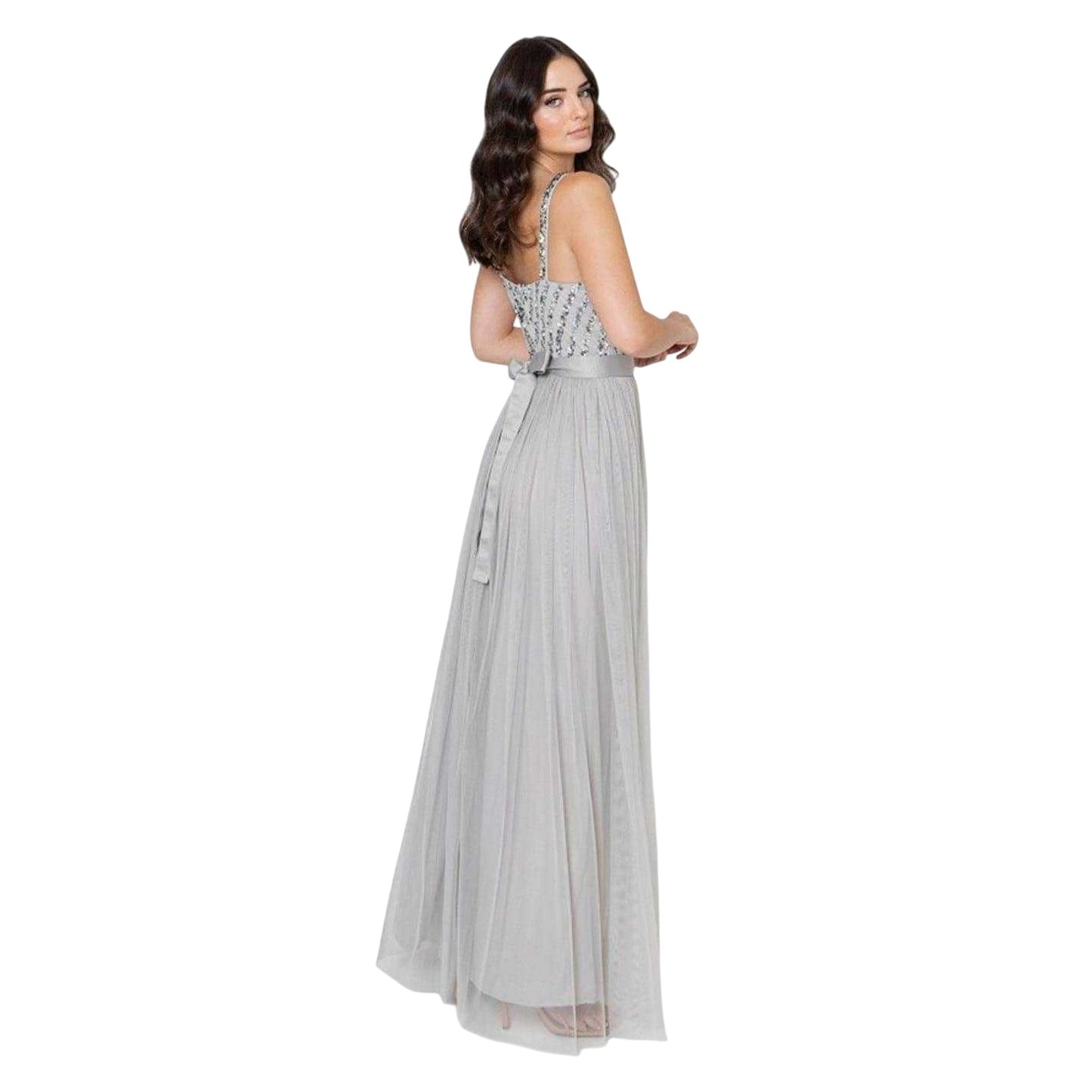 Soft Grey - Back - Maya Deluxe Womens-Ladies Sequin V Neck Sleeveless Gown