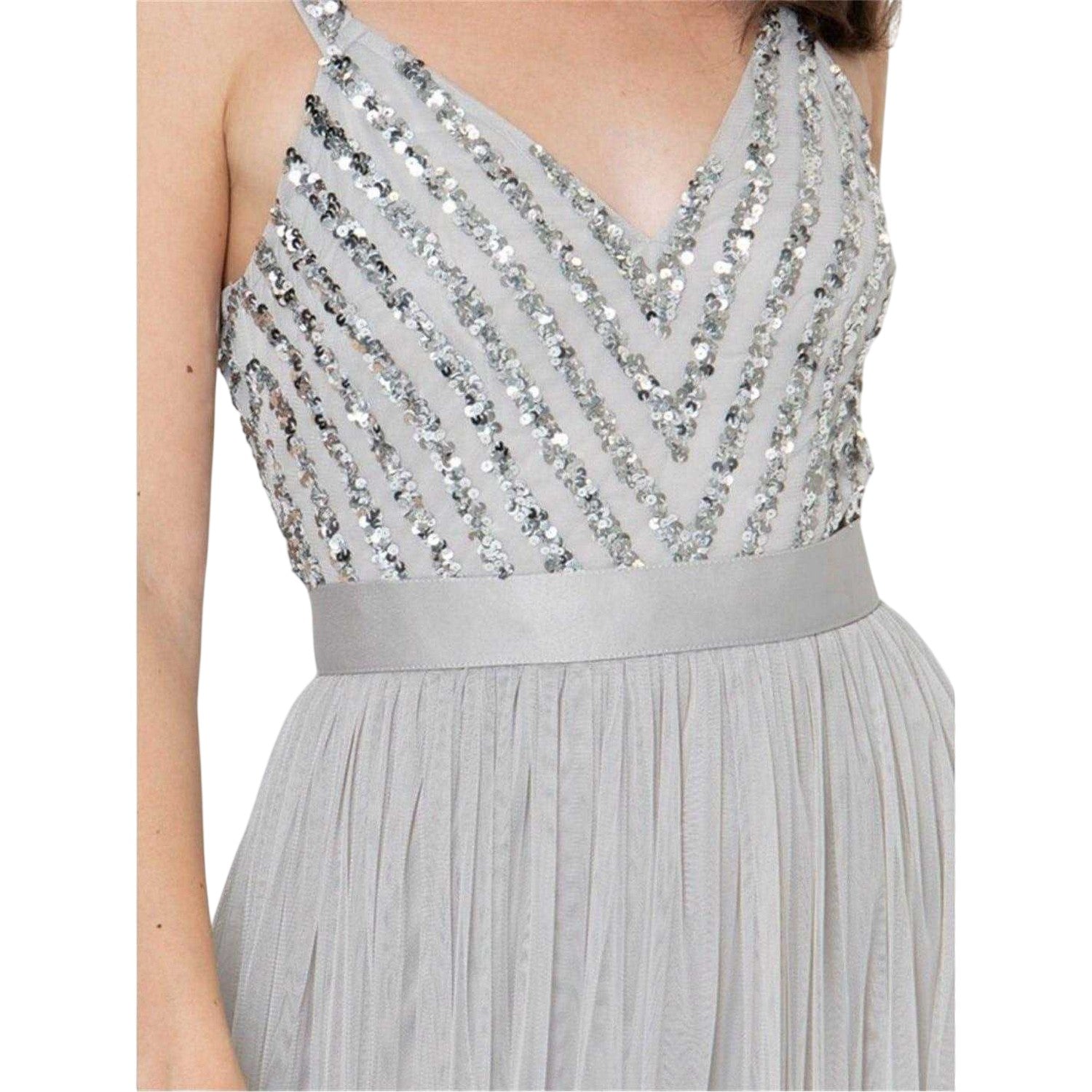 Soft Grey - Side - Maya Deluxe Womens-Ladies Sequin V Neck Sleeveless Gown