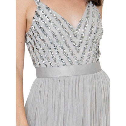 Soft Grey - Side - Maya Deluxe Womens-Ladies Sequin V Neck Sleeveless Gown