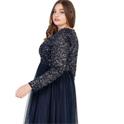 Navy - Side - Maya Deluxe Womens-Ladies Sequin V Neck Long-Sleeved Gown