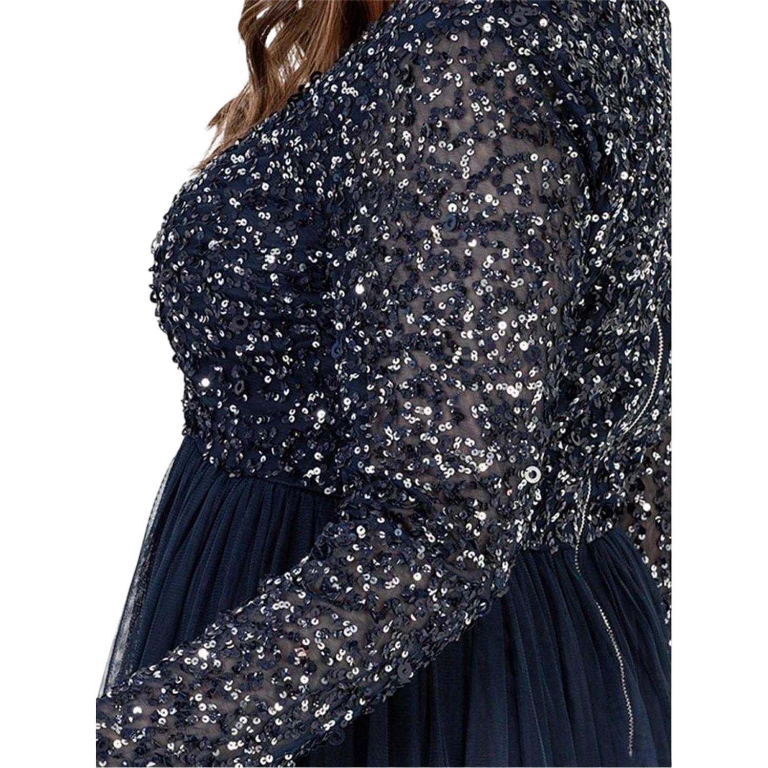 Navy - Lifestyle - Maya Deluxe Womens-Ladies Sequin V Neck Long-Sleeved Gown