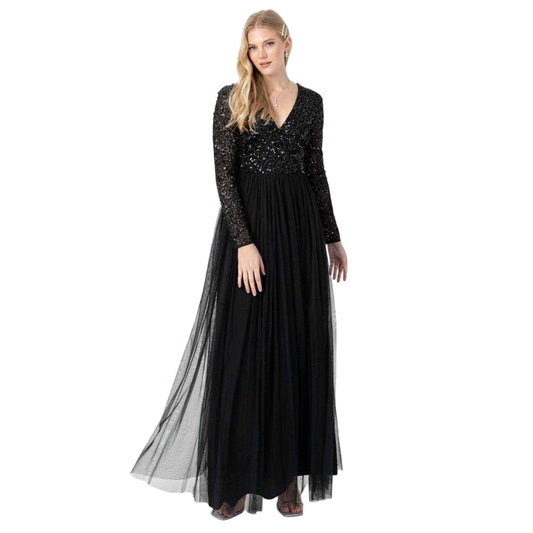 Black - Front - Maya Deluxe Womens-Ladies Sequin V Neck Long-Sleeved Gown