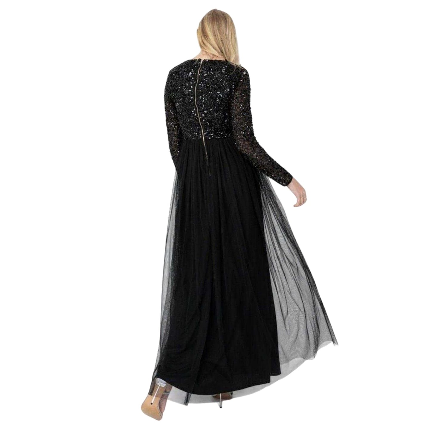 Black - Back - Maya Deluxe Womens-Ladies Sequin V Neck Long-Sleeved Gown