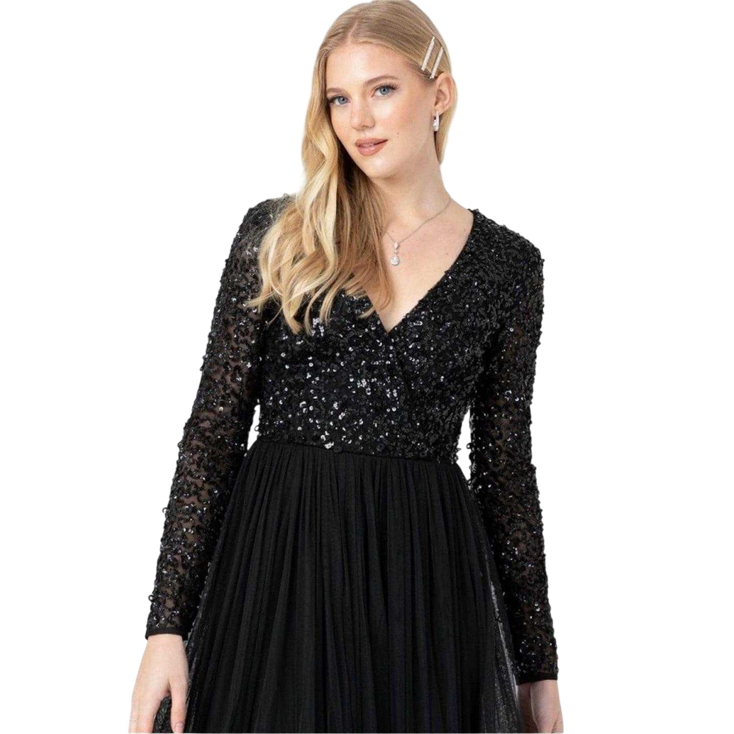 Black - Side - Maya Deluxe Womens-Ladies Sequin V Neck Long-Sleeved Gown