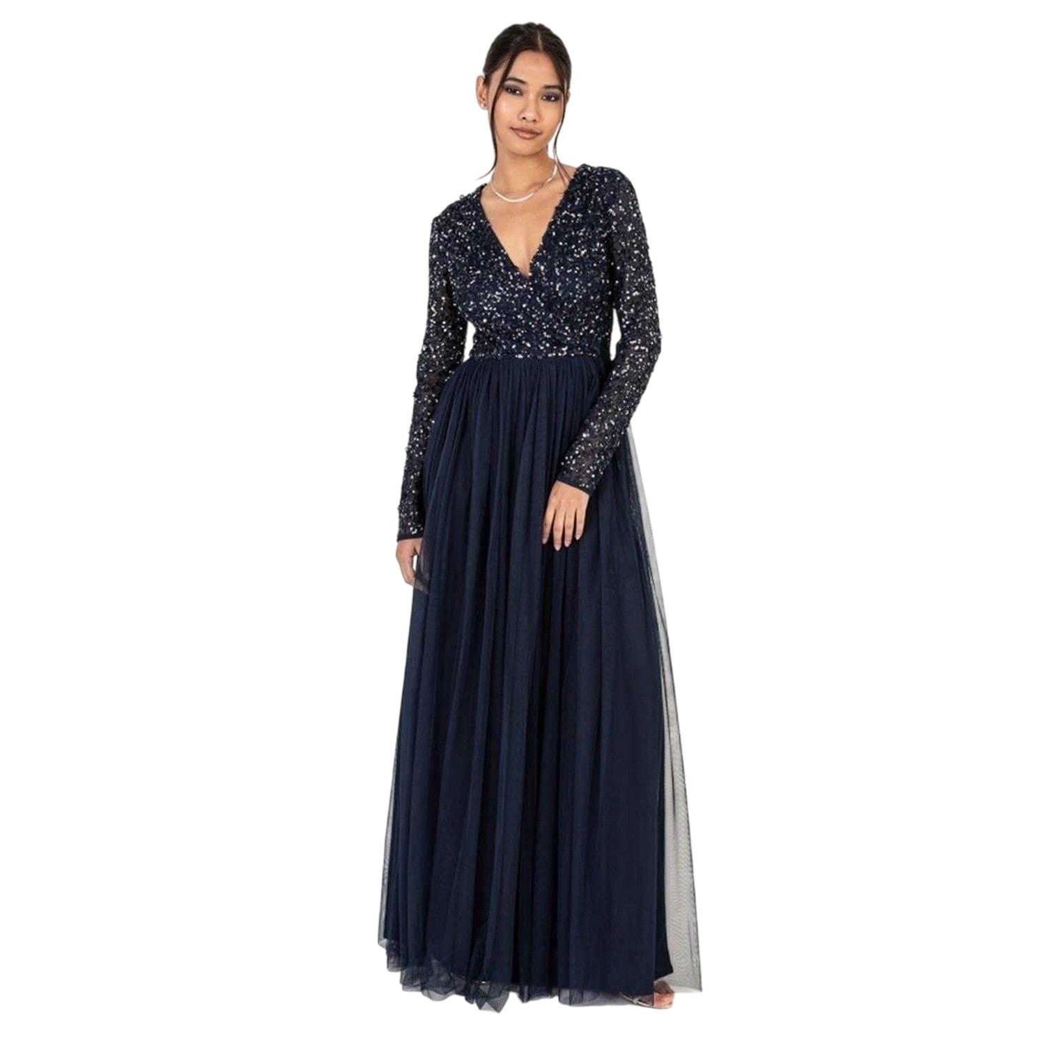 Navy - Front - Maya Deluxe Womens-Ladies Sequin V Neck Long-Sleeved Gown
