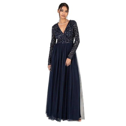 Navy - Front - Maya Deluxe Womens-Ladies Sequin V Neck Long-Sleeved Gown