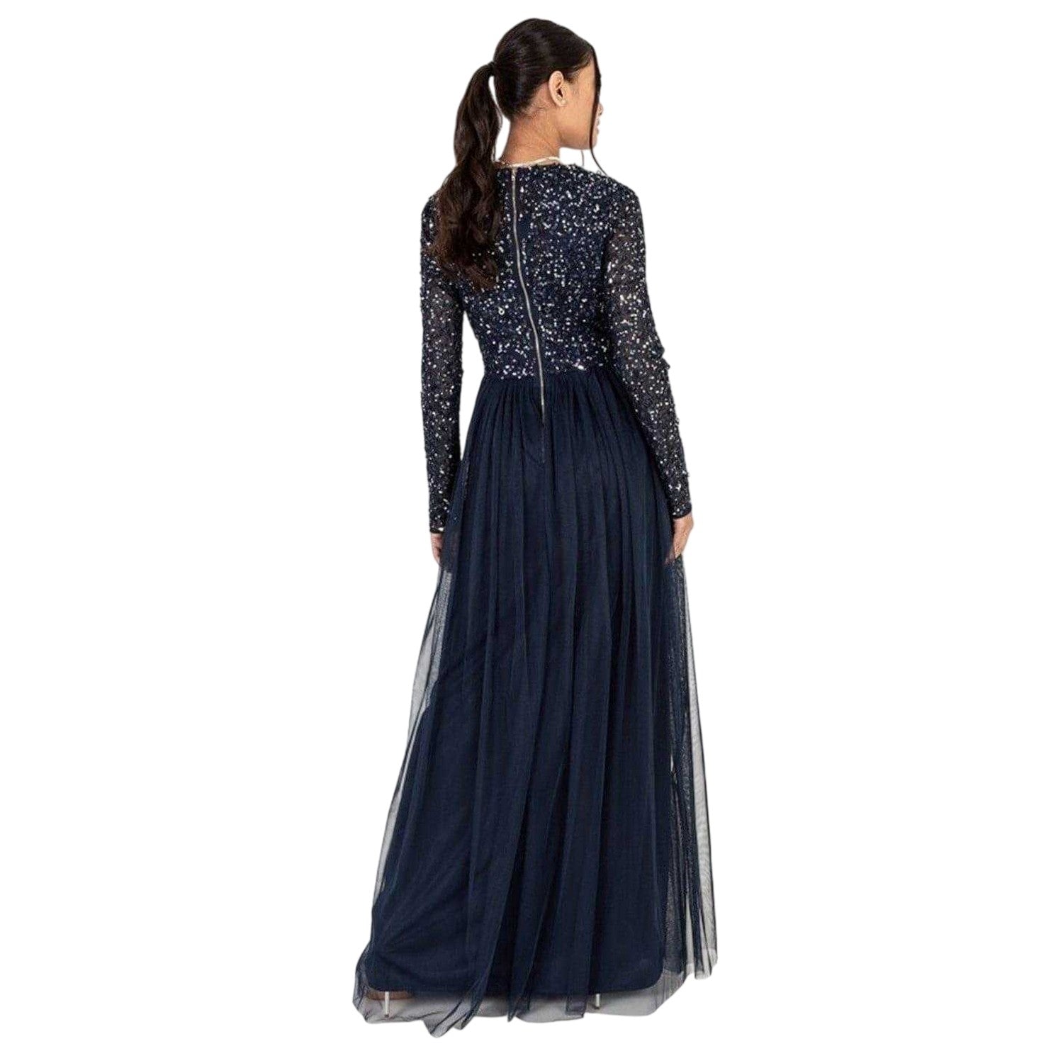 Navy - Back - Maya Deluxe Womens-Ladies Sequin V Neck Long-Sleeved Gown