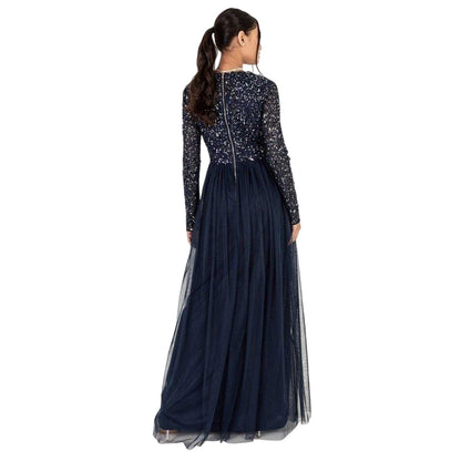 Navy - Back - Maya Deluxe Womens-Ladies Sequin V Neck Long-Sleeved Gown