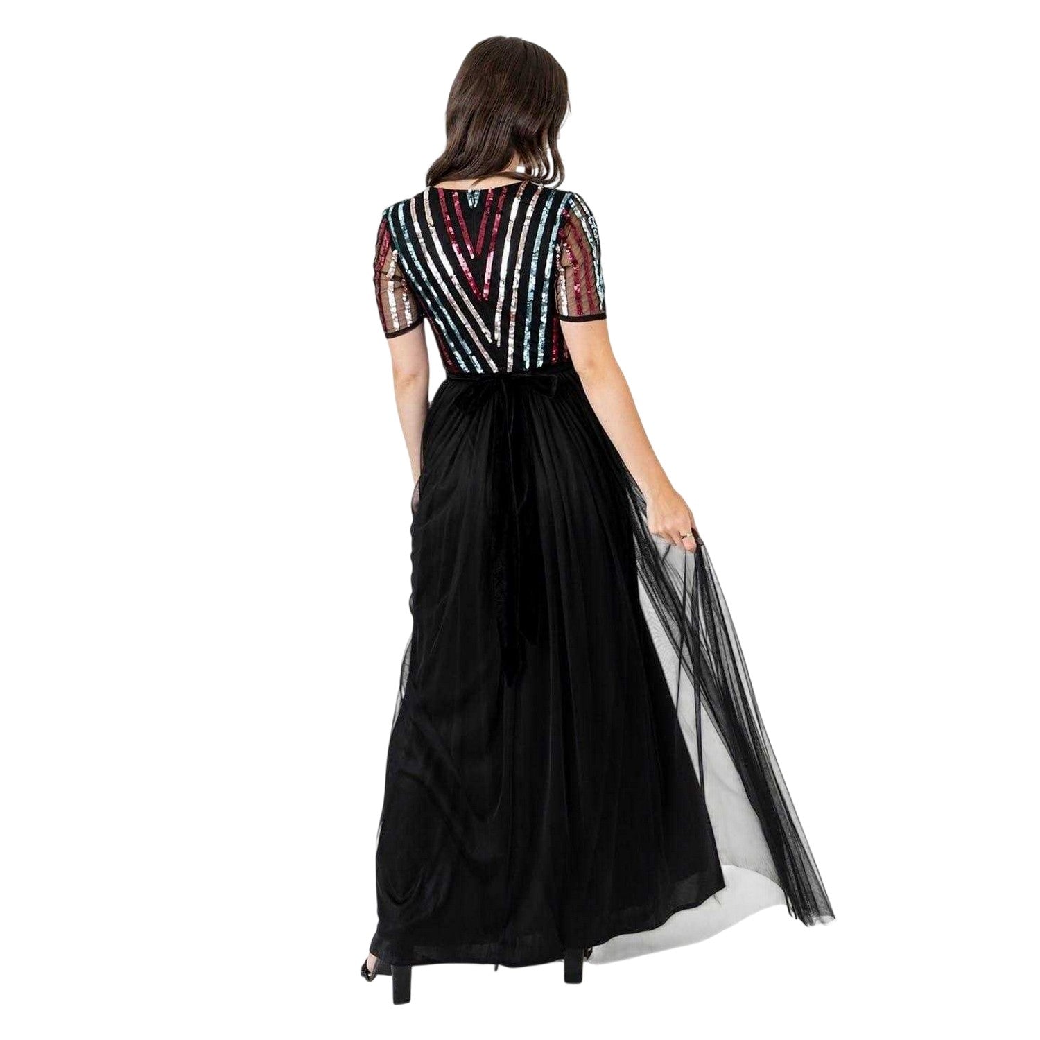 Black - Back - Maya Deluxe Womens-Ladies Sequin V Neck Short-Sleeved Maxi Dress