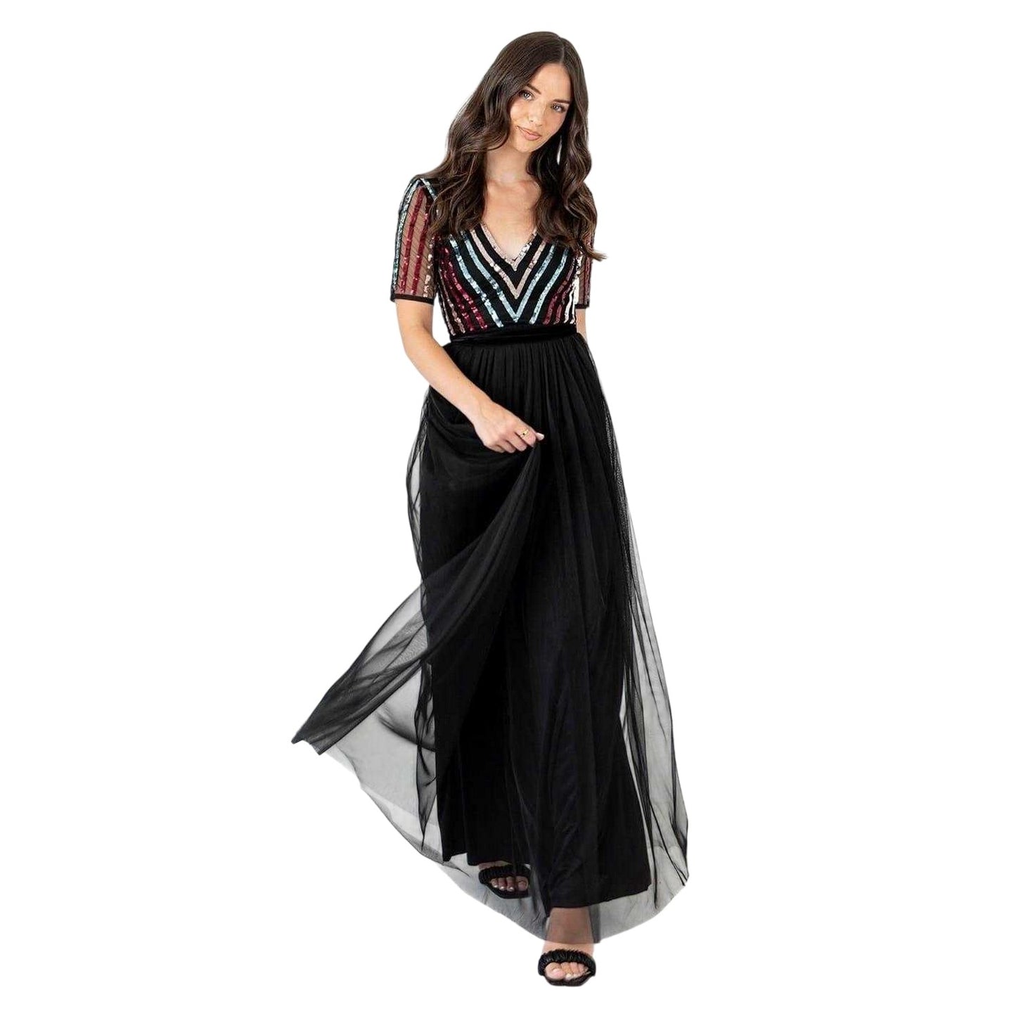 Black - Side - Maya Deluxe Womens-Ladies Sequin V Neck Short-Sleeved Maxi Dress