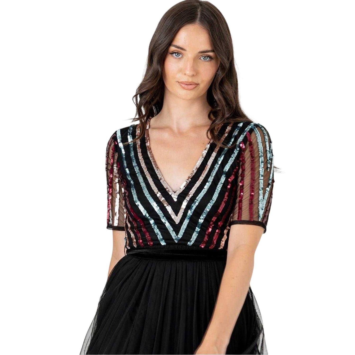 Black - Lifestyle - Maya Deluxe Womens-Ladies Sequin V Neck Short-Sleeved Maxi Dress