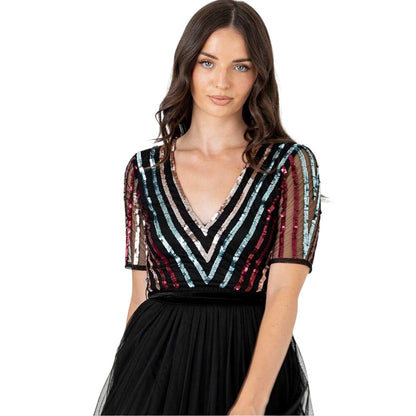 Black - Lifestyle - Maya Deluxe Womens-Ladies Sequin V Neck Short-Sleeved Maxi Dress
