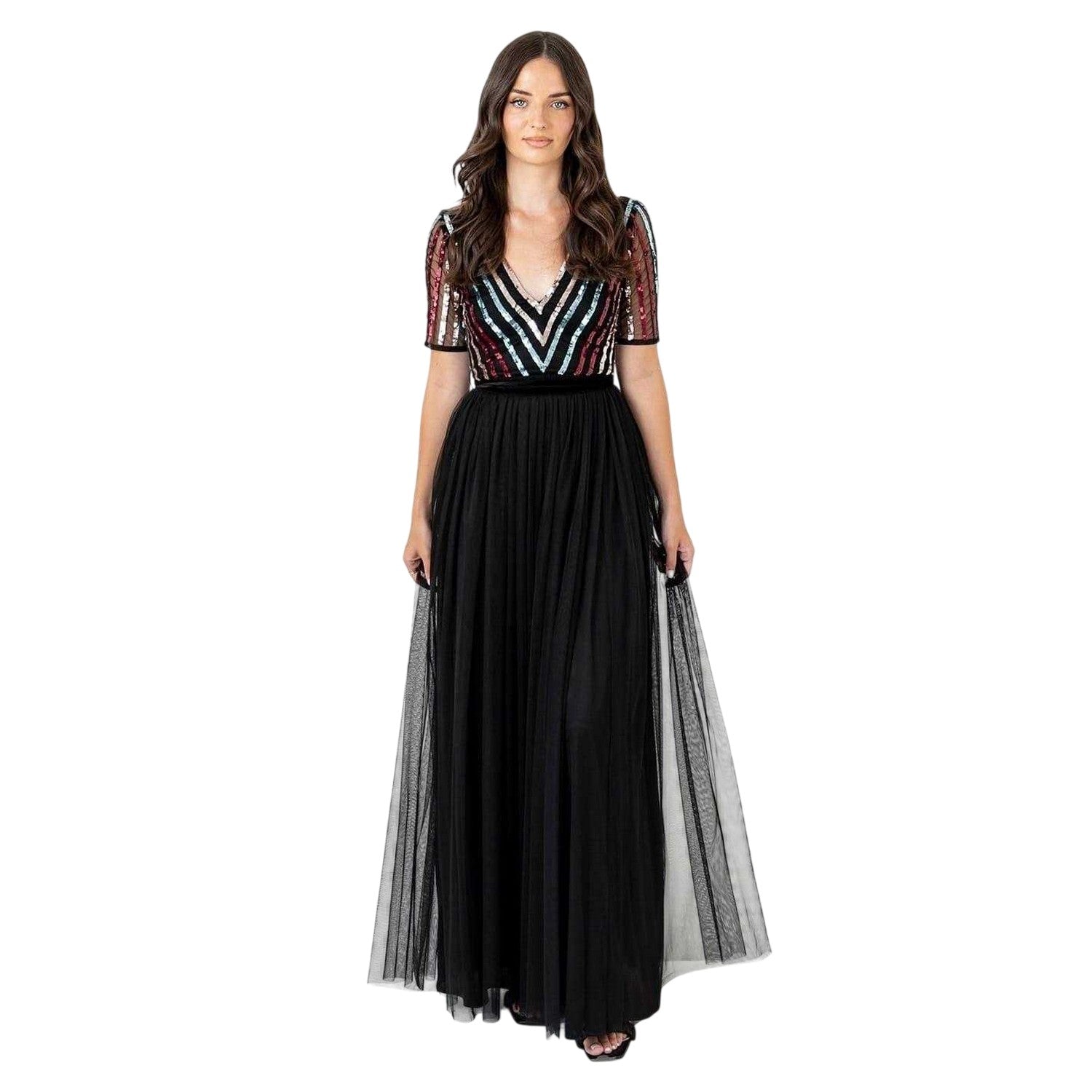 Black - Front - Maya Deluxe Womens-Ladies Sequin V Neck Short-Sleeved Maxi Dress