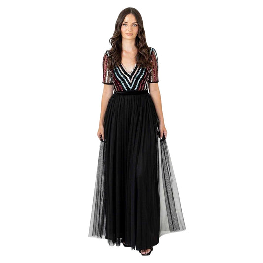 Black - Front - Maya Deluxe Womens-Ladies Sequin V Neck Short-Sleeved Maxi Dress