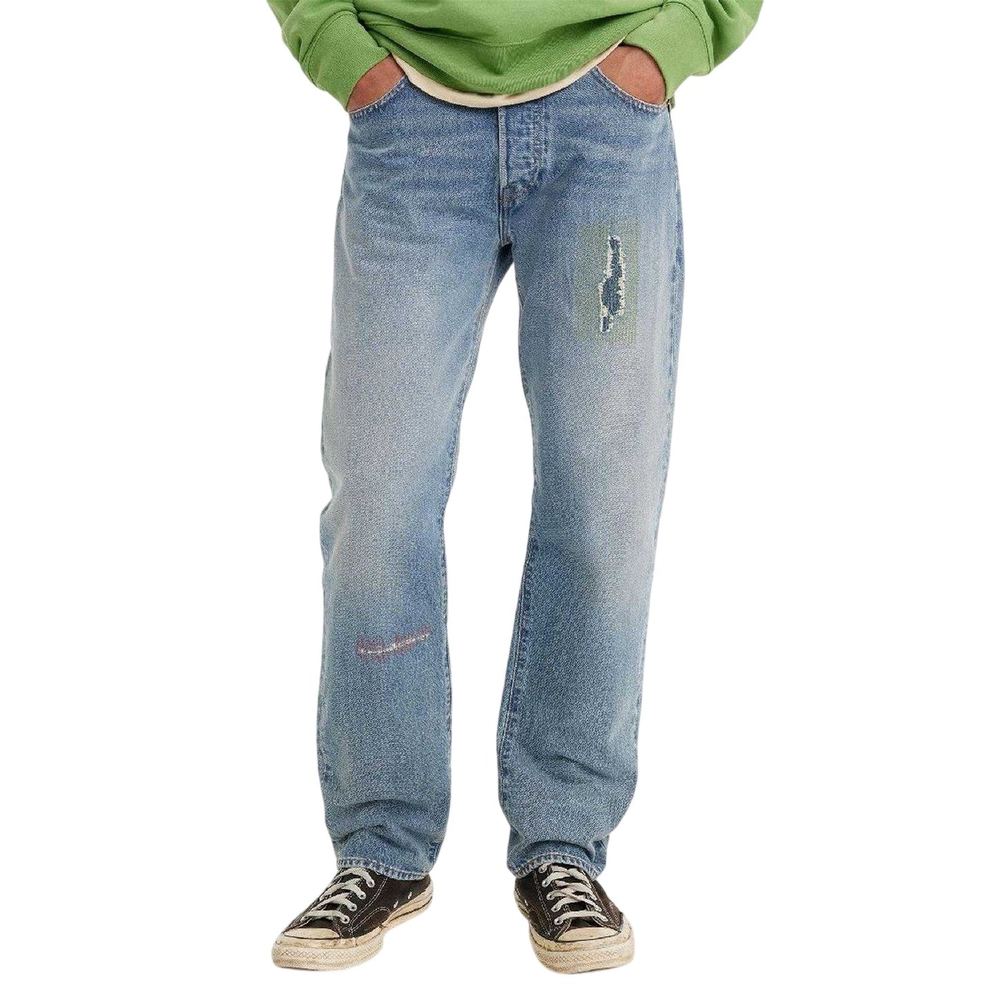 Blue - Side - Levis Mens Distressed Mid Rise Straight Leg Jeans