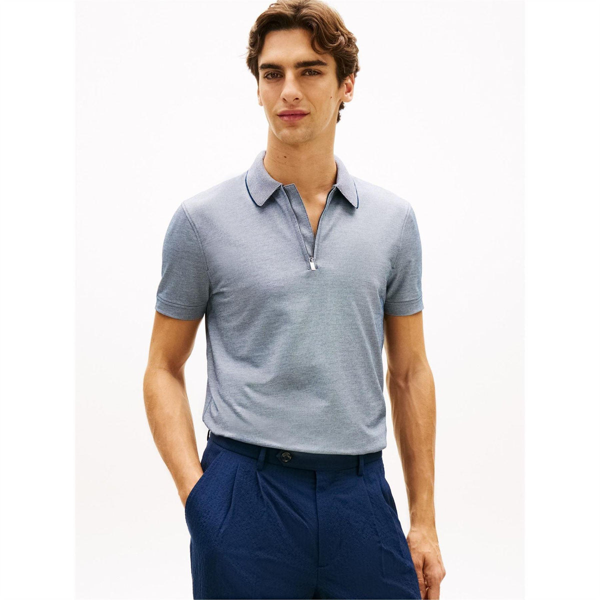 White-Navy - Back - Tommy Hilfiger Mens Quarter Zip Polo Shirt