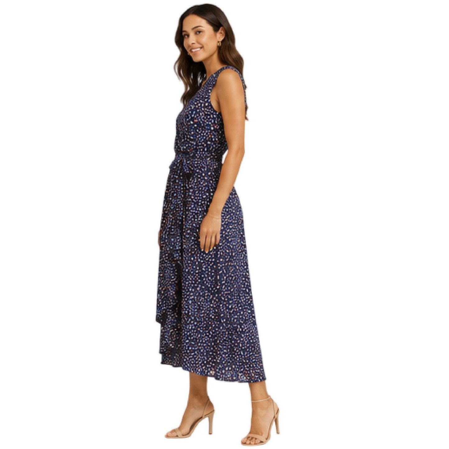 Navy - Side - Mela London Womens-Ladies Spotted V Neck Sleeveless Wrap Dress