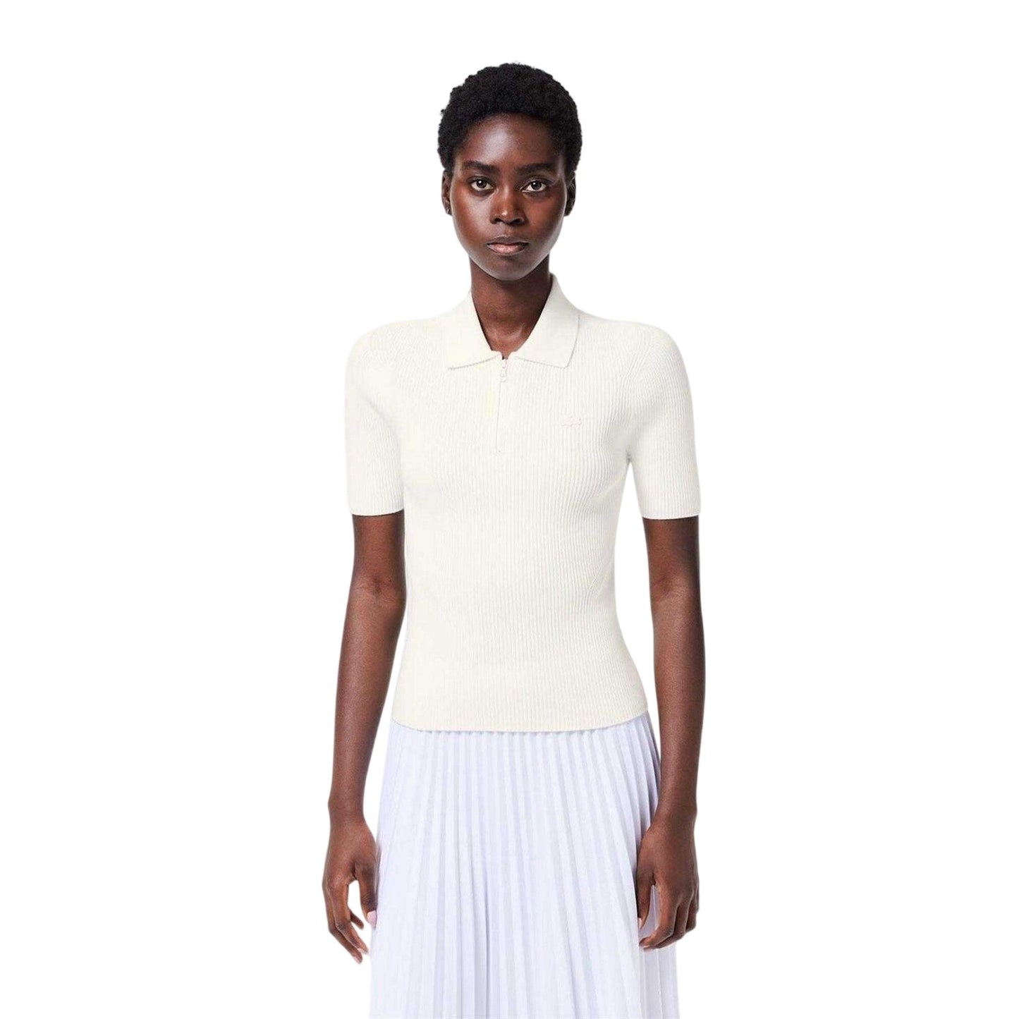 White - Front - Lacoste Womens-Ladies Knitted Ribbed Polo Shirt