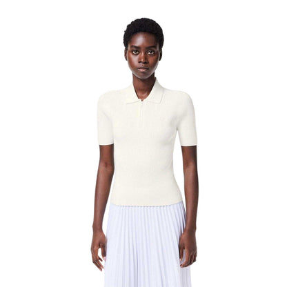White - Front - Lacoste Womens-Ladies Knitted Ribbed Polo Shirt