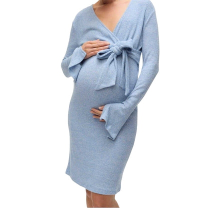 Copen Blue - Side - Mamalicious Womens-Ladies Mlaniset Maternity Long-Sleeved Wrap Dress